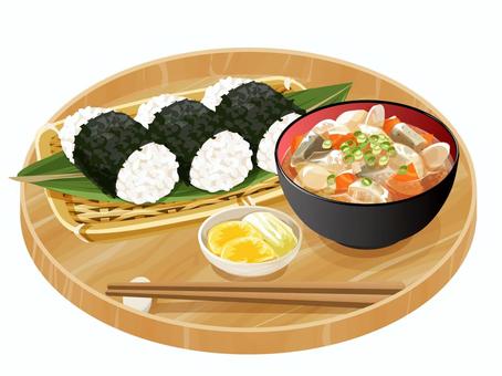 俵形おにぎりとけんちん汁 俵形,おにぎり,けんちん汁,朝食,和食,料理,食べ物,ご飯,米,にんじんのイラスト素材