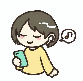 ワイヤレスイヤホンで音楽を聴く女性 イヤホン,ワイヤレス,電子機器,音楽,スマートフォン,女性,便利のイラスト素材