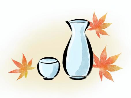もみじととっくり・ワンポイントに とっくり,おちょこ,もみじ,赤,秋,ぐい呑み,背景,ワンポイント,日本酒,9月のイラスト素材