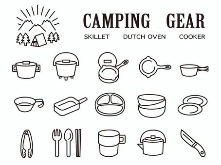 キャンプアイコン鍋、スキレット、調理器具 キャンプ,スキレット,シェラカップ,鍋,線画,収納,アウトドア,メスティン,クッカー,カトラリーのイラスト素材