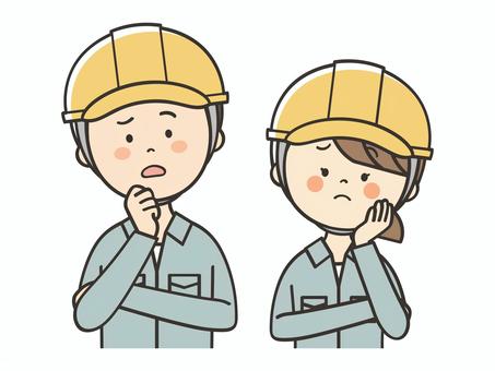 悩む作業員の男女 悩む作業員の男女 建築士,作業員,一級建築士,男性,男,女性,女,男女,悩む,困るのイラスト素材