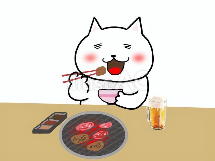 1人焼肉する白猫 ネコ,手描き,かわいいのイラスト素材