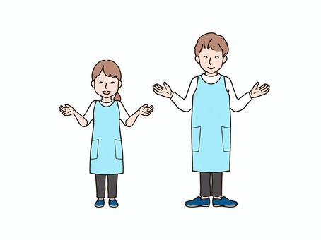 両手を広げる男女_エプロンb 大人,男性,女性,男女,ペア,おそろい,全身,エプロン,ズボン,パンツのイラスト素材
