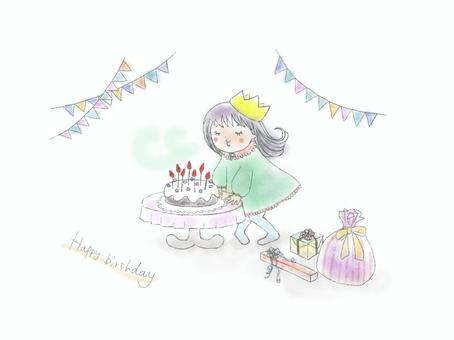 お誕生日おめでとう　背景なし 誕生日,バースディ,女の子,ケーキ,パーティ,お祝い,ろうそく,王冠,ワンピース,子供のイラスト素材