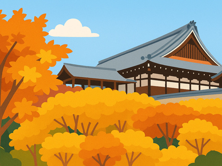 秋の京都・寺院風景　黄金色に輝く秋の境内 京都,寺院,寺,境内,秋,紅葉,黄金色,黄葉,季節,日本のイラスト素材