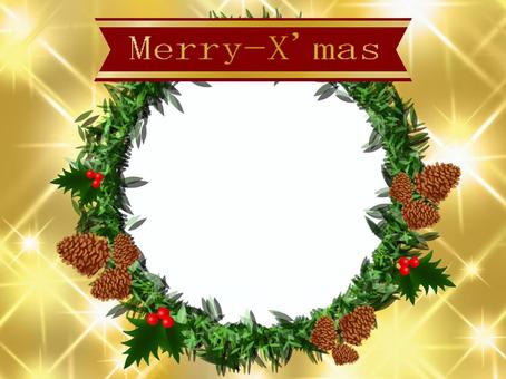 クリスマスのリース（金色タイトル） クリスマス,リース,フレーム,植物,冬,キラキラ,かわいい,１２月,葉,松ぼっくりのイラスト素材