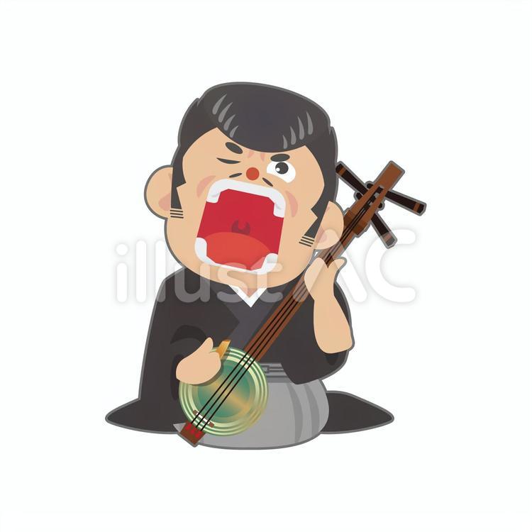 カンカラ三線を演奏する男性（半目） カンカラ三線,三線,楽器のイラスト素材