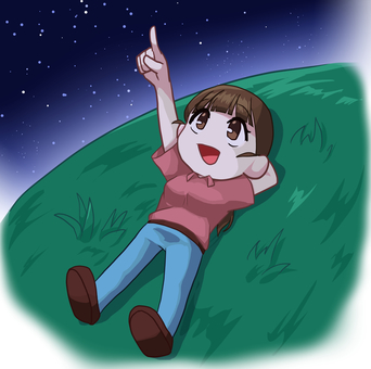 夜空を見る女性 人物,生活,全身,女性,夜空,星,見る,草原,素材のイラスト素材