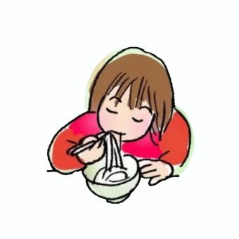 食べるの大好き！ うどん,食べる,丼,箸,子ども,美味しい,幼児,食べ物,手書き,イラストのイラスト素材