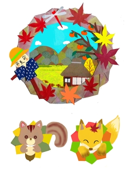 秋のリース3個 秋,風景,山並み,柿の木,家屋,田んぼ,りす,キツネのイラスト素材