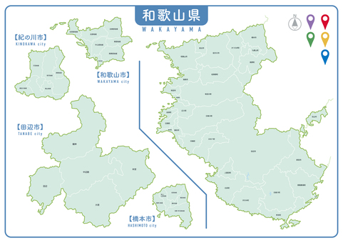 和歌山県　市町村マップ  地図,日本,市町村,マップ,エリア,区分,和歌山市,海南市,橋本市,有田市のイラスト素材
