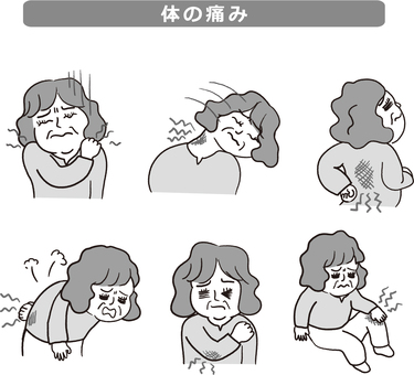 モノクロの体の痛み・シニア女性 肩こり,首こり,背中,腰痛,肘,膝,痛み,慢性,疲労,筋肉痛のイラスト素材