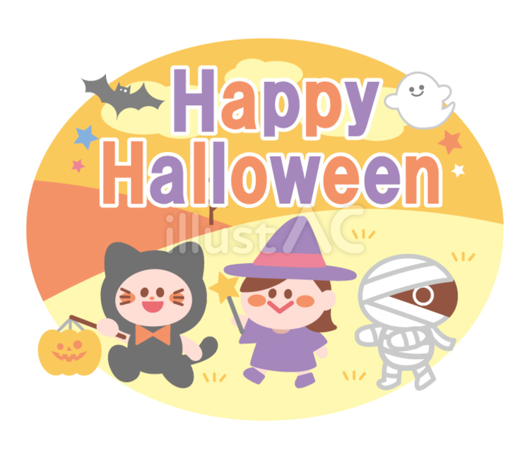 子供達の仮装行列ハロウィン文字付イラスト ハロウィン,秋,仮装のイラスト素材