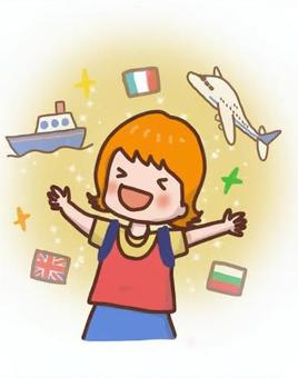 お出かけや世界旅行を、全力で楽しむ女性 旅行,飛行機,船,海外旅行,トリップ,旅,trip,船旅,自由人,バックパッカーのイラスト素材