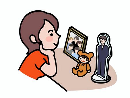 推し活3　アクリルスタンド　ぬいぐるみ 推し活,オタ活,アクリルスタンド,ぬいぐるみ,飾る,写真,フォトスタンド,男性,アイドル,ファンのイラスト素材
