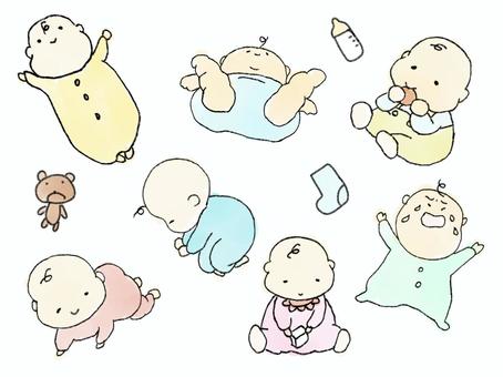 ゆるゆる赤ちゃん(カラー) 赤ちゃん,ハイハイ,泣く,手描き,哺乳瓶のイラスト素材