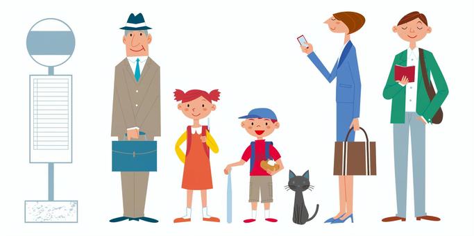 とある朝のバス停 バス,子ども,サラリーマン,学生,通勤,整列,猫,待機のイラスト素材
