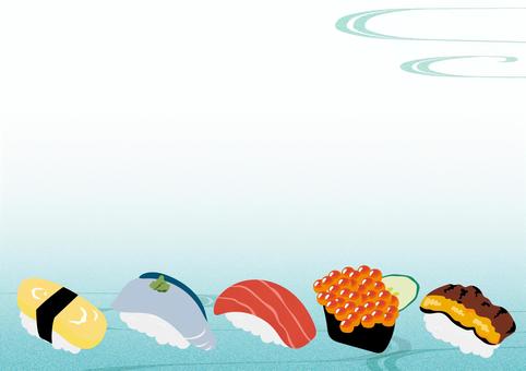 お寿司のフレーム 寿司,握り,軍艦,いくら,たまご,青魚,マグロ,うなぎ,流水紋,あしらいのイラスト素材