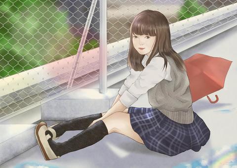 高校生 高校生,屋上,傘,雨上がり,学校のイラスト素材