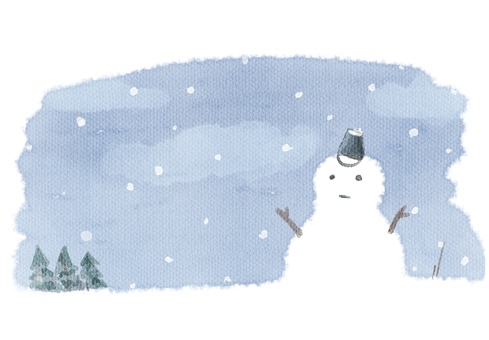 水彩風風景　冬 風景,木,水彩風,文字スペース,背景,ファンタジー,冬,雪だるま,雪,空のイラスト素材