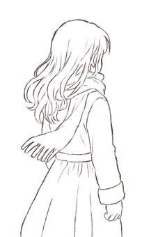 マフラーを付けた女の子の後ろ姿　線画 線画,女の子,マフラー,後ろ姿,ロングヘアー,シンプルのイラスト素材