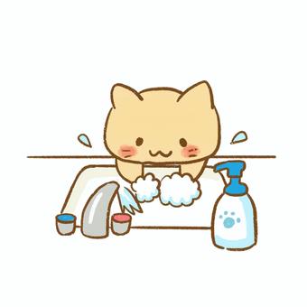 洗面台で泡つけて手を洗うゆるい猫イラスト 手洗い,洗面,感染予防,バイ菌,除菌,対策,清潔,保健,衛生,食中毒のイラスト素材
