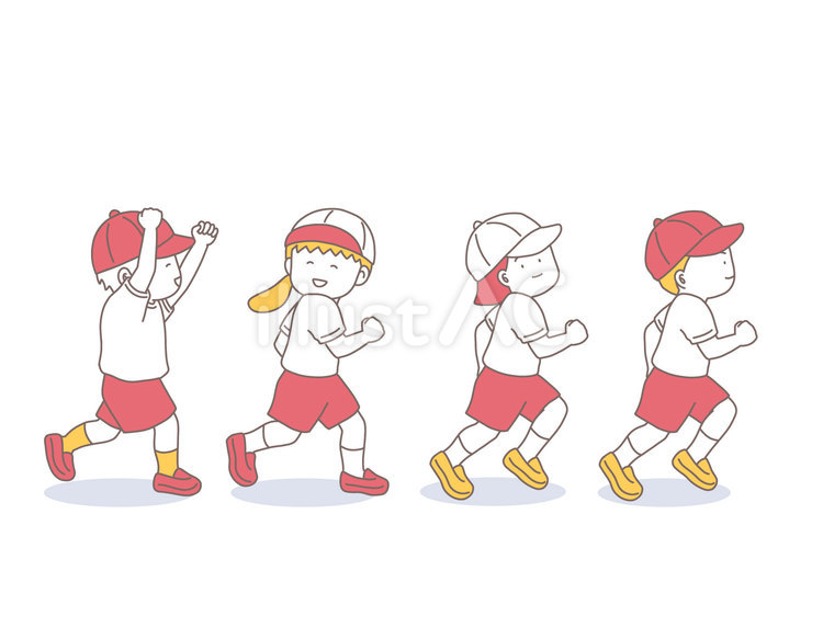 体操服を着て走る子供たちのイラスト素材 運動会,かけっこ,ベクターのイラスト素材