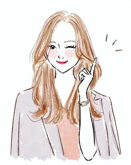 女性 人差し指　ウィンク　ロングヘア 女性,人差し指,ウィンク,ロングヘア,指す,示す,手,指,注目,これのイラスト素材