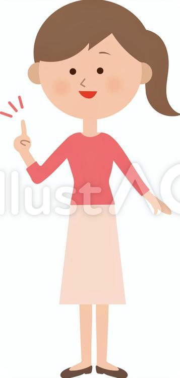 女性　ポイント　指差し　全身 笑顔,解説,アドバイスのイラスト素材