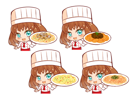 イタリアンシェフとパスタ料理２ イタリアンシェフ,食べ物,パスタ,麺類,女の子,ボロネーゼ,ペペロンチーノ,たらこスパ,ボンゴレビアンコ,萌え系のイラスト素材