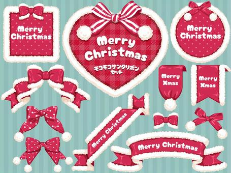 モコモコサンタリボンセット red サンタクロース,サンタ,リボン,クリスマス,メリークリスマス,モコモコ,ふわふわ,ポンポン,ファー,ボアのイラスト素材
