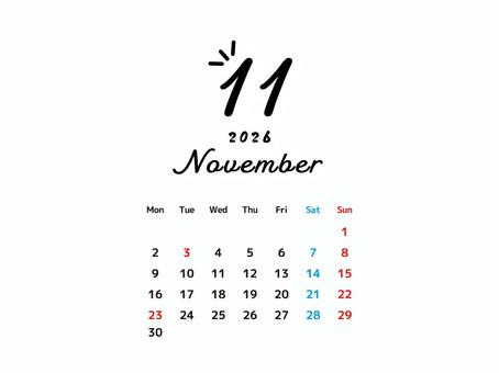 2026年11月のお洒落なカレンダー カレンダー,11月,2026,月間,シンプル,月別,祝日,文化の日,勤労感謝の日,秋のイラスト素材
