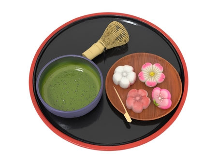 春の紅梅と白梅の餅と抹茶 抹茶,餅,和菓子,茶筅,春,スィーツ,甘味のイラスト素材