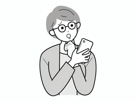 スマホと考える働く女性A／白黒 女性,上半身,長袖,スマホ,疑問,考え込む,お母さん,社会人,キャリアウーマン,アドバイザーのイラスト素材