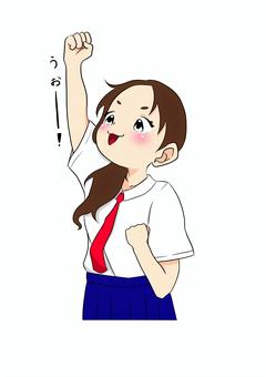 拳を突き上げる女の子（口開けバージョン） 学生,学生服,女の子,拳を突き上げる,やる気,気合,制服,ネクタイ,夏服のイラスト素材