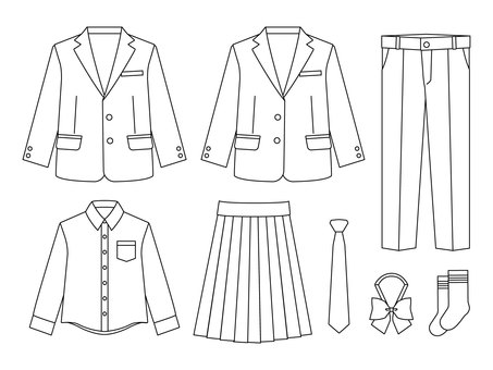 制服セット(色なし) 制服セット(色なし) 制服,中学生,高校生,中学校,高校,ブレザー,スカート,ワイシャツ,白シャツ,ズボンのイラスト素材