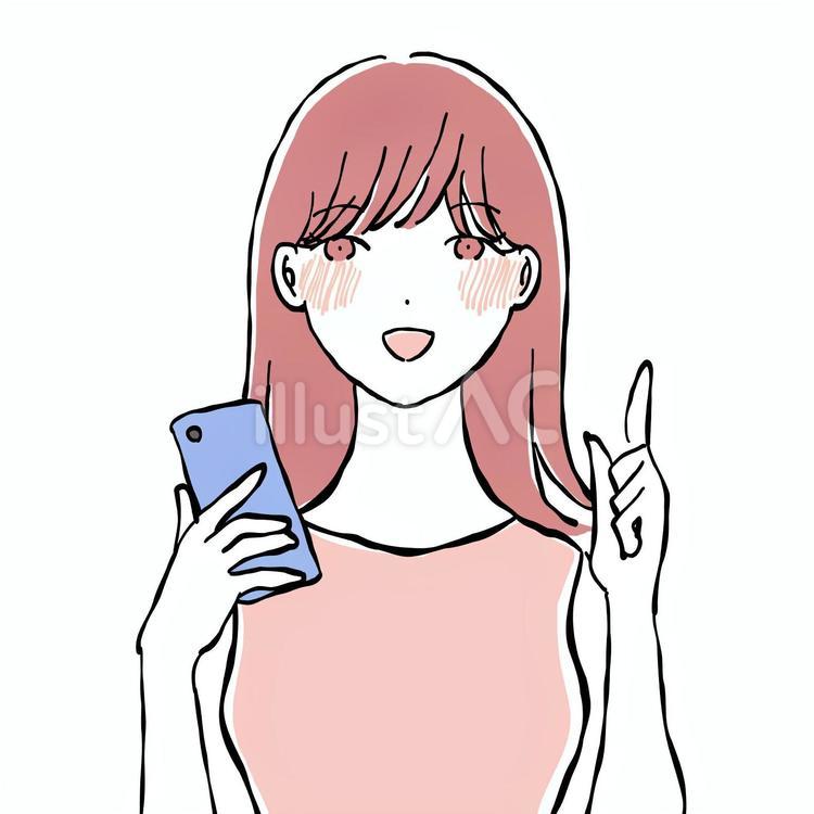 スマートフォンを持って指差しする女性 スマホ,スマートフォン,携帯電話のイラスト素材