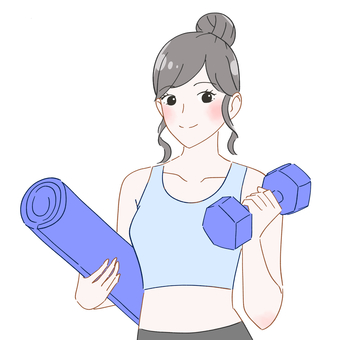 ダンベルとヨガマットの女性　イラスト 女性,成人,若い,ダンベル,ヨガマット,持つ,筋トレ,鍛える,エクササイズ,フィットネスのイラスト素材