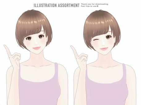 女人插圖集, JPG 和 PNG 女人插圖集, 短發, 指點, 眨眼, JPG 和 PNG
