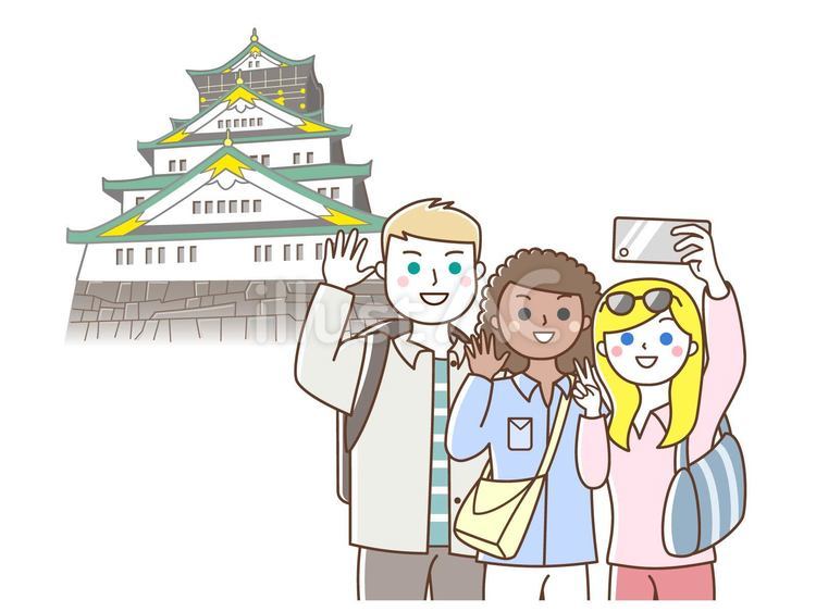 城をバッグに撮影する外国人観光客 外国人観光客,観光客,訪日外国人のイラスト素材