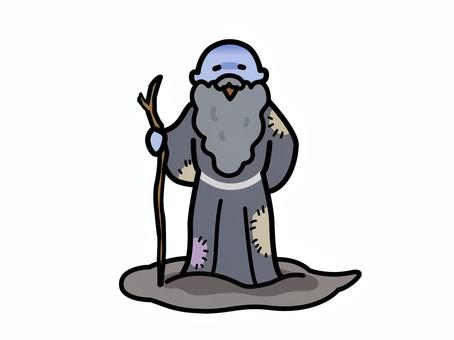 枝を持って立つ貧乏神　イラスト素材 貧乏神,不運,不幸,厄,ボロボロ,暗い,ゆるい,イラスト,手描き,かわいいのイラスト素材