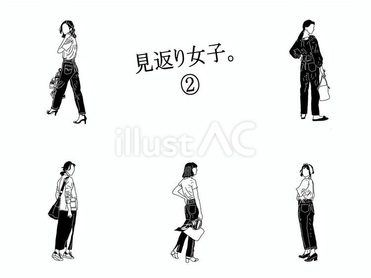 見返り女子②　白黒 女子,女性,おしゃれのイラスト素材
