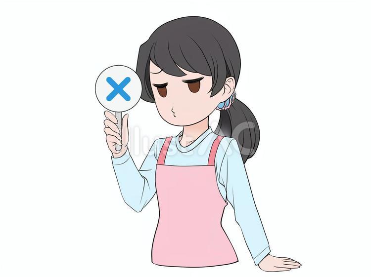 マルバツ棒を持つ不機嫌そうな主婦 女性,主婦,お母さんのイラスト素材