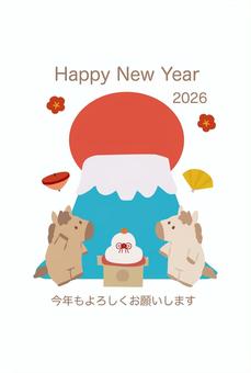 2026年午年年賀状　馬10 午年,年賀状,馬,午,かわいい,2026年,正月,はがき,富士山,朝日のイラスト素材