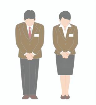 お辞儀する胸に名札をつけた従業員の男女 お辞儀,全身,人のイラスト素材