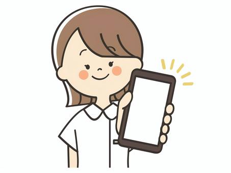 スマホ画面を見せる女性看護師 看護師,看護士,スマホ,画面,見せる,登録,誘導,紹介,案内,説明のイラスト素材