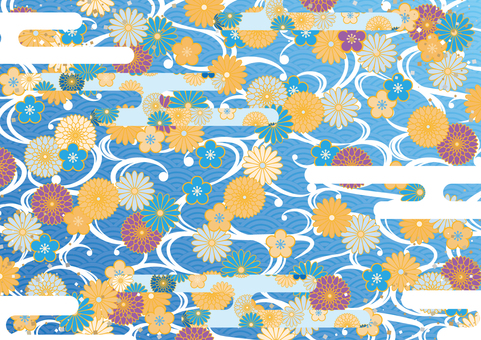 青色の和風の花柄の背景素材 和風,和柄,花,雲,渦,模様,背景のイラスト素材