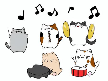 猫の音楽隊 猫,動物,手書き,かわいい,音楽,音符,指揮者,リコーダー,シンバル,太鼓のイラスト素材