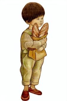 パンを持つ男の子 子ども,フランスパン,バゲット,ヨーロッパ,フランス,色鉛筆,素朴,優しいのイラスト素材