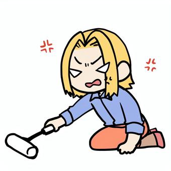 コロコロをかける怒る金髪女性 金髪,コロコロ,掃除,怒る,不満,激怒,イライラ,むかむか,ストレス,かけるのイラスト素材